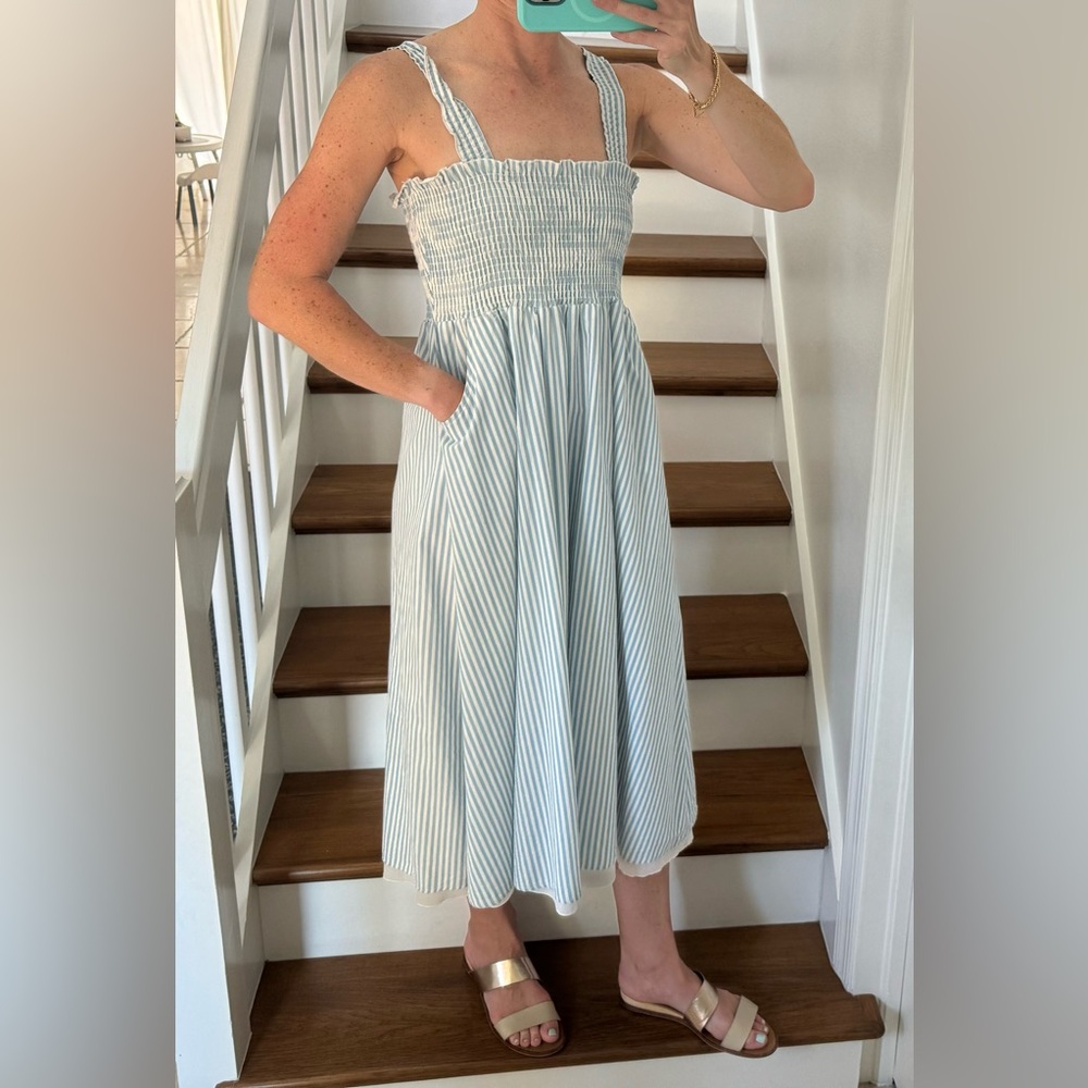 Blue Babydoll Seersucker Midi Dress